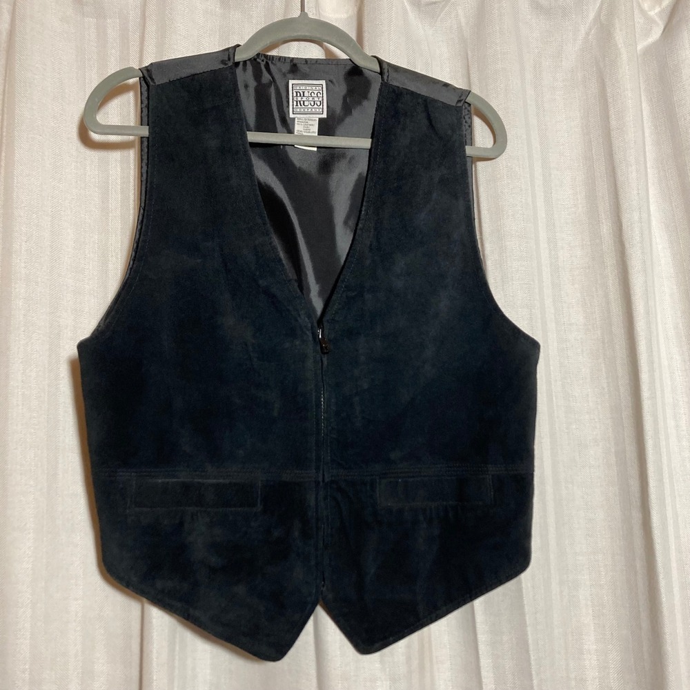 Vintage 90s Original Russ Sport Black Leather Suede Vest Full Zip Pockets Medium